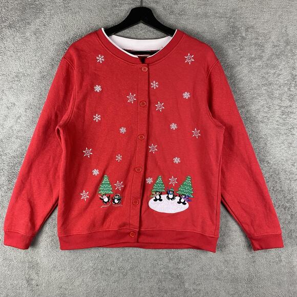 Holiday Traditions Sweaters - Ugly Christmas Penguins Sweatshirt Womens XL Red Button Up Embroidered Cardigan